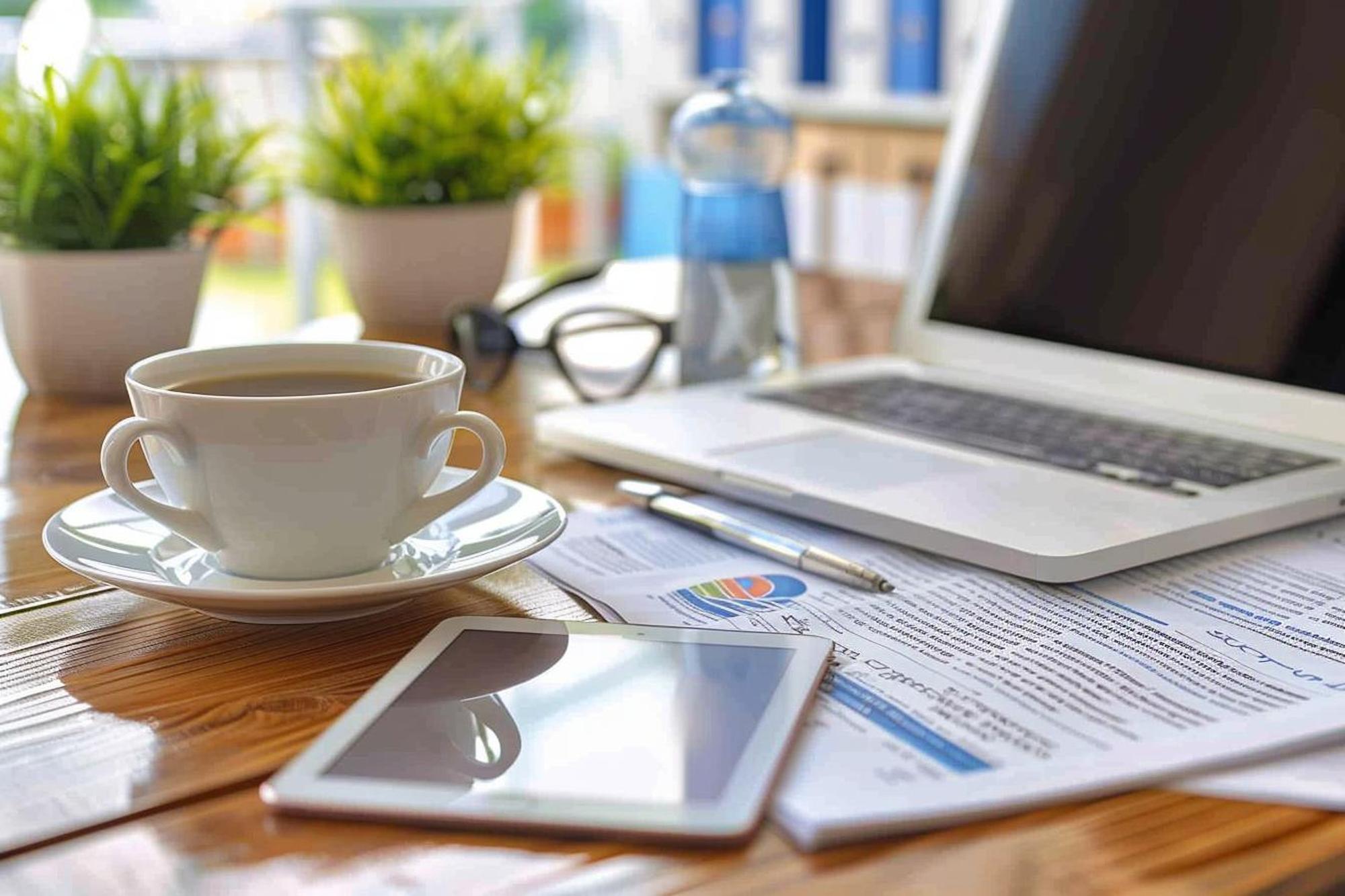 Arbeitsplatz mit Finanzunterlagen und Kaffee